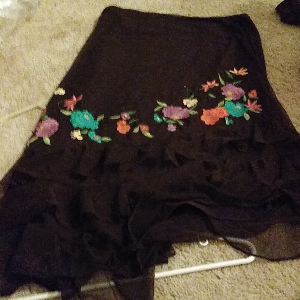 Brown embroidered angled ruffle skirt